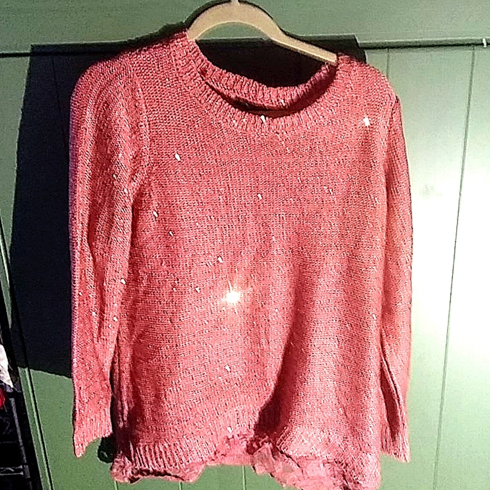 Coral sweater w/ lace & sequins!